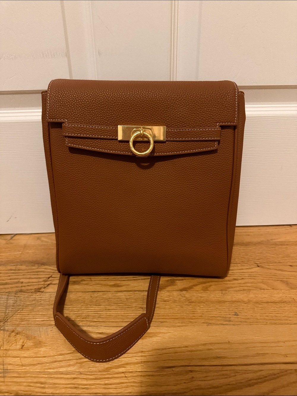 Women's Tan Leather Backpack with Gold Ring Accent